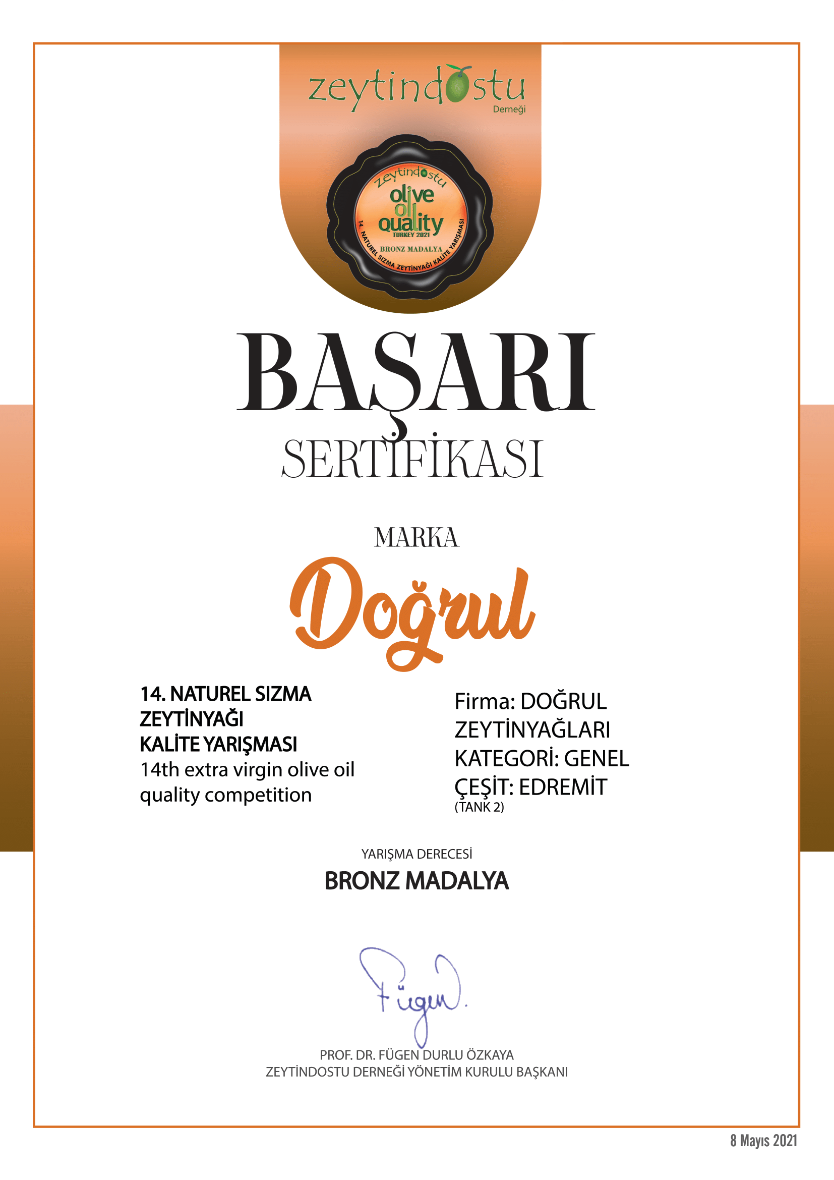 Zeytindostu Bronz Madalya Sertifikası