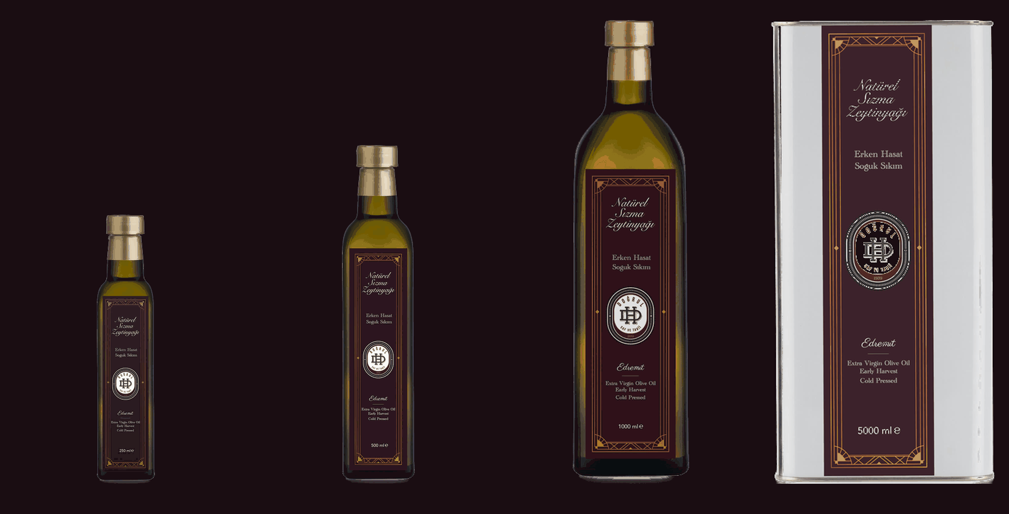 KINALI zeytinyağı 250 ml, 500 ml, 1 lt ve 5 lt boyları
